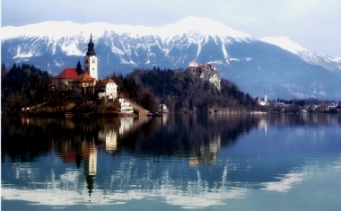 Lake Bled and Alps in background