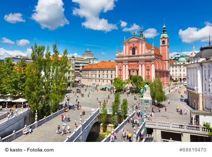 Preseren square, Ljubljana, capital of Slovenia. with famous 3 bridges